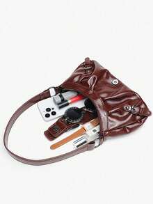 Y2K 女士复古梅洛红做旧皮革机车包，铆钉、搭扣装饰，褶皱云朵造型肩包/腋下包，樱桃吊饰，适合工作、通勤、约会、派对等场合。 - 紅木色 - 查看 3