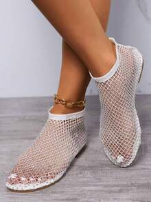 1 Pair Women's Summer Crystal Round Toe Low-Top Sandals, Hollow Rhinestone Fishnet Breathable Mesh Flat Shoes, Low Heel Comfortable Casual - White - View 5