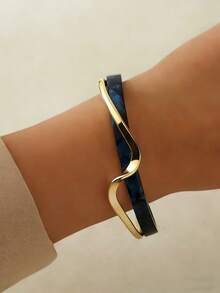 1 pieza Brazalete de concha blanca con diseño asimétrico de textura curva metálica, de moda y único - geometría - Ver 11