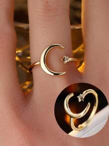 1pc Luxury Star & Moon Design Open Ring, Niche Aesthetic, Elegant Finger Ring Jewelry, Suitable For Daily Wear & Gift - Open Ring - View 4