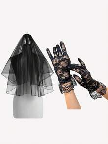 1pc Black Wedding Veil With Gloves - Multicolor - View 5