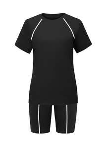 2pcs Sports & Casual Striped Short Sleeve Top And Shorts Set Black Summer Elegant - Black - View 4