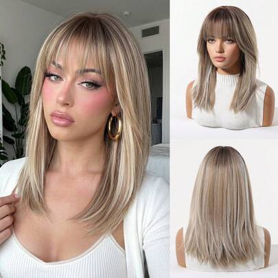 Tóc giả màu vàng tro pha trộn 18 inch, kiểu tóc bob thẳng có mái, dành cho nữ, chịu nhiệt, chất liệu tổng hợp, thích hợp cho sử dụng hàng ngày và dự tiệc.