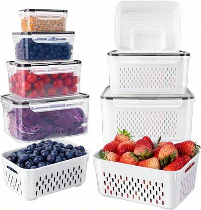 6-Pack Large Fruit Storage Containers For Refrigerator Use, With Removable Drain Basket – Plastic Food Storage Containers With Lids, Airtight & Leak-Proof, Ideal For Fridge Storage & Vegetable Produce Preservation