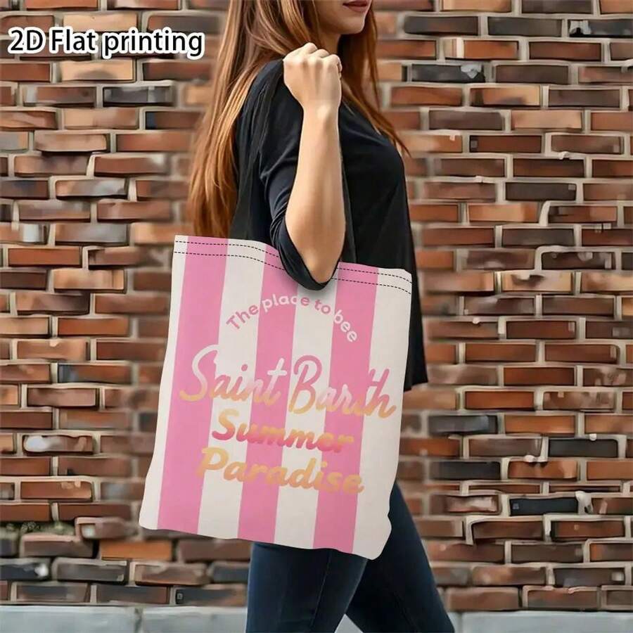 2D Flat Printing Vintage St. Barth Summer Paradise Large Tote Bag- Lightweight Foldable Beach Bag With Fade-Resistant Floral Print& Pink Stripes, Durable Shoulder Straps For Women, Ideal For Travel, Beautiful Art For Beautiful Reusable ZZTM07 - 米色 - 查看 1