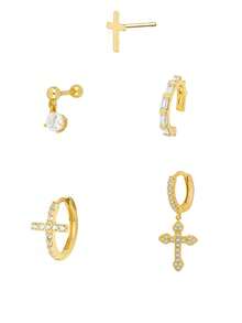 Bộ 5 bông tai hình thánh giá mạ vàng 24K đính đá Cubic Zirconia may mắn dành cho nữ, kiểu dáng khuyên tai tròn đính đá Zirconia, kiểu dáng bông tai đính đá hoặc kiểu xếp lớp. - 5 cái/bộ - Xem 5