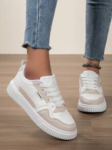 Sneaker casual da donna per autunno/inverno, con lacci, suola morbida, piatte e confortevoli, da skateboard, leggere, basse, per uso quotidiano - Beige - Visualizzare 3