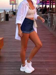 Women's Summer Denim Shorts, Fashionable New Rolled Hem Stretchy Ladies Denim Shorts Casual - Dark Wash - View 2