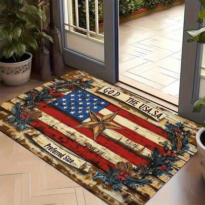 1pc American Flag Doormat - Non-Slip Entry Mat Mat With GOD THE USA Text, Machine Washable Indoor Mat For 4th Of July, Father's Day, Living Room, Kitchen - Patriotic Home Decor (Red/White/Blue), Holiday Decoration, Vintage Design, Easy Maintenance