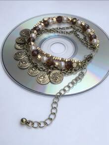 1 chiếc vòng tay hạt cườm nhiều lớp phong cách Bohemian cổ điển với mặt dây chuyền hình đồng xu cổ, phù hợp cho trang phục hàng ngày. - Tiền xu cổ - Xem 2