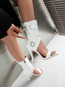 欧美性感高跟凉鞋，女士细高跟露趾夏季靴 - 白色 - 查看 3