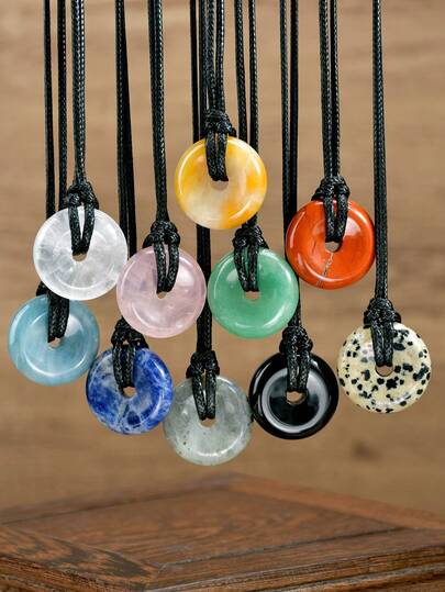 Natural Aquamarine Rose Quartz Donut Pendant Braided Necklace Unisex Style Handcrafted Bohemian Vintage Style Suitable For Everyday And Holiday Wear The Perfect Father's Day/Mother's Day Gift