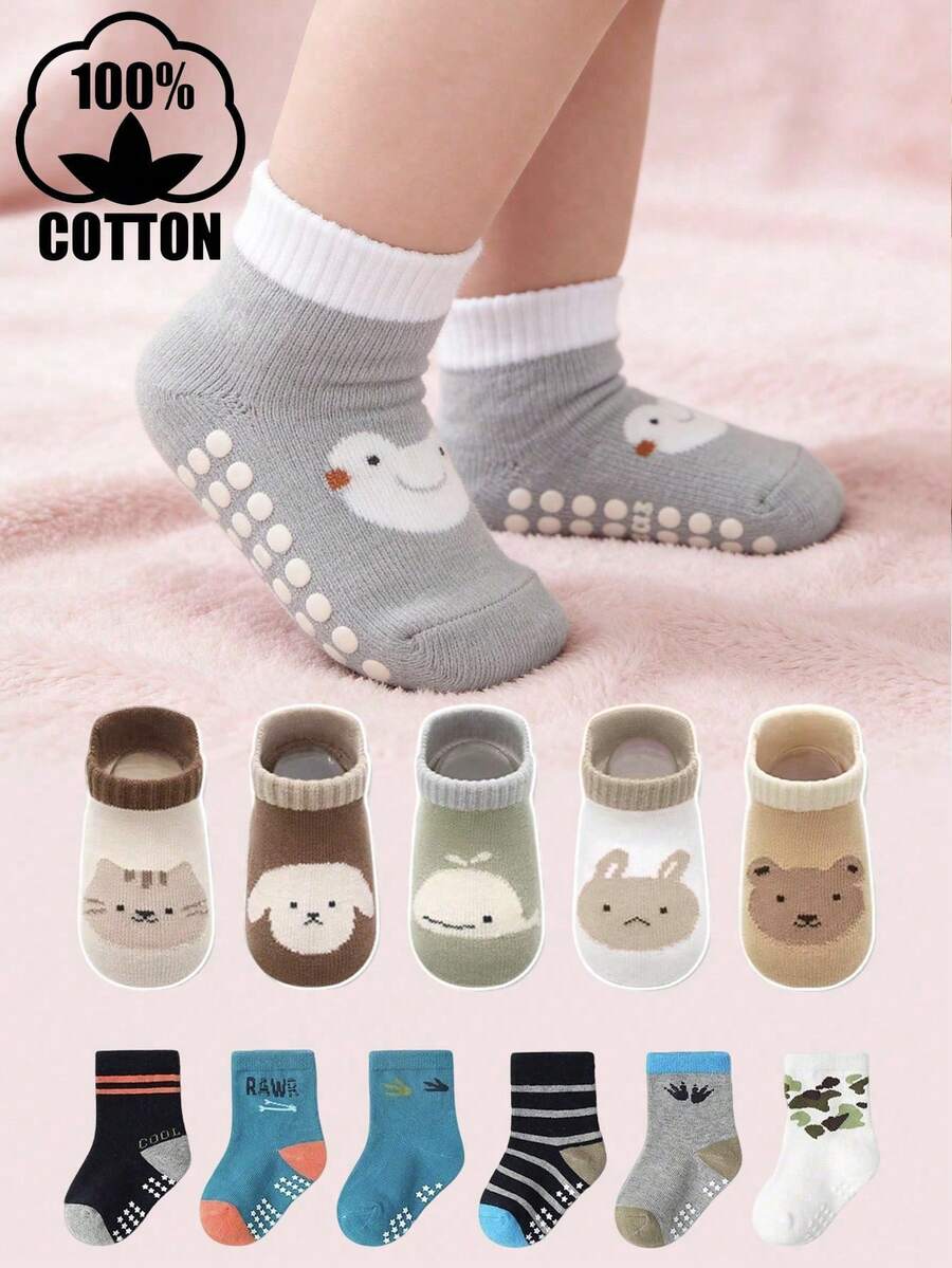 6 Pairs/12 Pairs Cotton Dot Glue Children Socks, Boys Girls Mid-Calf Socks, Cartoon Socks, Breathable Non-Slip Socks - Multicolor - View 1