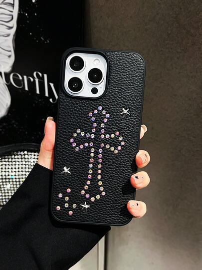 1件装奢华复古哥特风黑色水钻十字架手机壳，适用于iCover 17 Pro Max，兼容