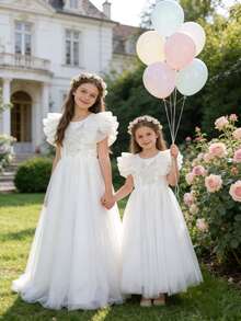 少女优雅刺绣蝴蝶结长袖薄纱长裙，公主裙，适合花童、生日派对、婚礼、舞会、毕业典礼、复活节等场合。 - 白色 - 查看 3