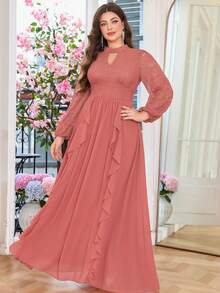 Đầm dạ hội trang trọng, thanh lịch với cổ áo khoét rỗng, ren hoa, tay áo phồng, chất liệu chiffon, viền bèo nhún, thích hợp cho lễ tốt nghiệp, dạ tiệc, vũ hội, đám cưới. - Bụi hồng - Xem 6