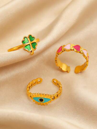 1pc Stainless Steel Ring With Four-Leaf Clover, Heart & Eye Design, Minimalist Casual Elegant Versatile, High-Quality Gift For Friends, Suitable For Women's Daily, Party, And Event Wear