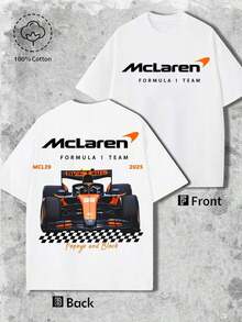 Printed T-Shirt Cotton Plus Size Men's Clothing, Men's Fashionable Racing Car Print T-Shirt, Comfortable Pure Cotton Short-Sleeved Shirt, F1 Themed T-Shirt, Streetwear, Suitable For Everyday Casual Wear And Outdoor Activities, A Gift For F1 Fans, Double-Sided Printed T-Shirt, Casual Sportswear. ,Y2K,Oversized Shirt Men,Summer Tops - 白色 - 查看 2