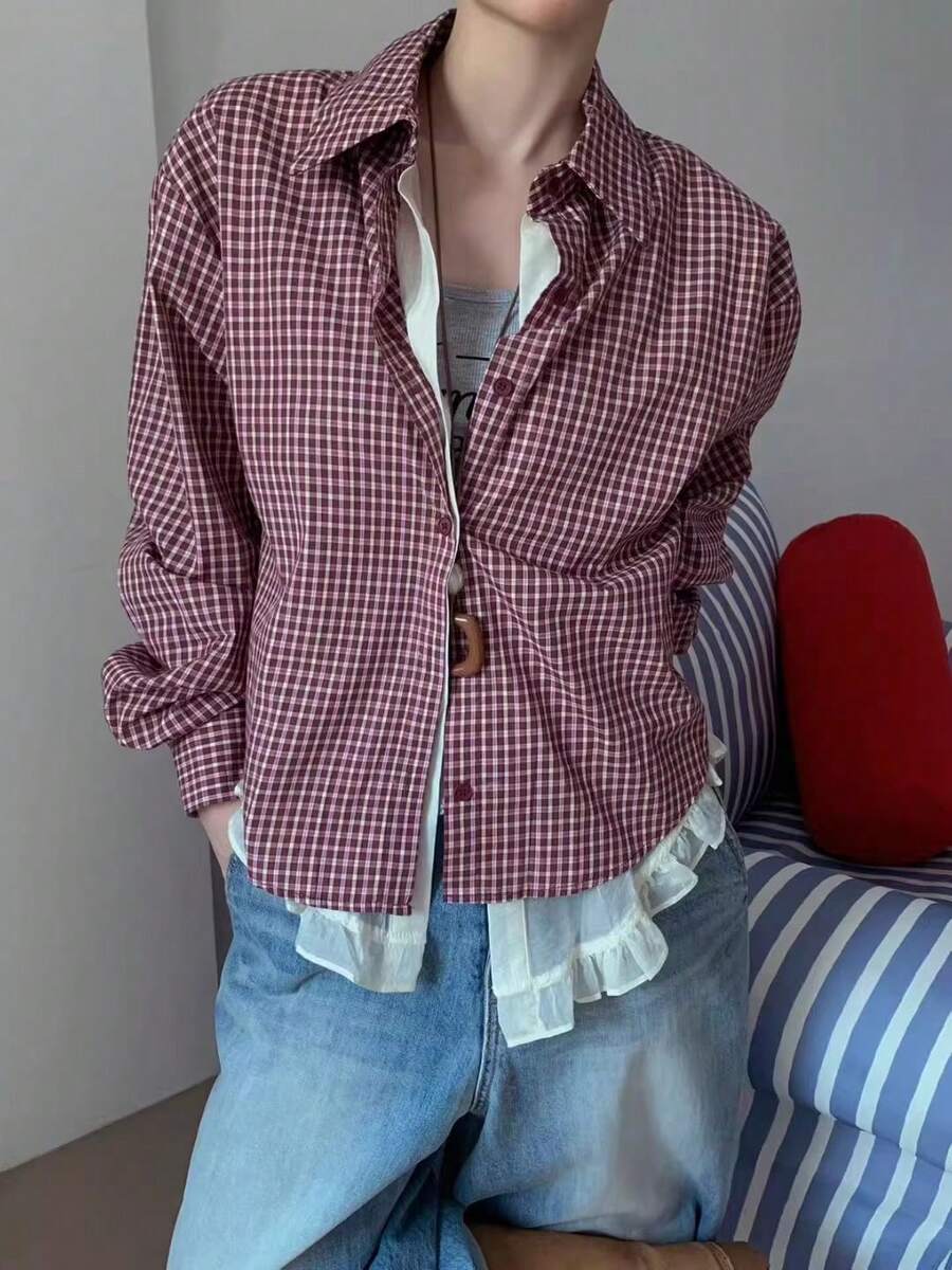 女士春季开衫，新款小格子二合一荷叶边下摆休闲复古拼接长袖衬衫，宽松百搭