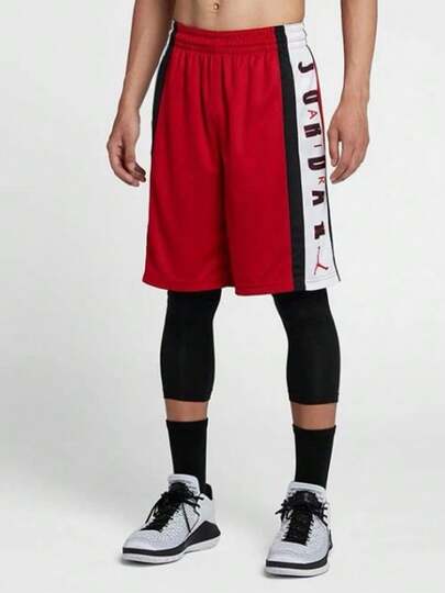 Nike Jordan Color-Blocked Letter Print Elastic Drawstring Basketball Shorts, Men's, Red.