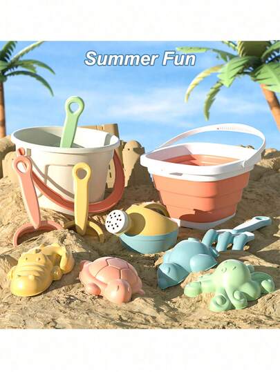 Beach Toy Set, Outdoor Toys For Kids, Cute Ocean Animal Molds, Ideal For Outdoor Games And Beach Fun, Includes Foldable Bucket, Shovel And Rake.