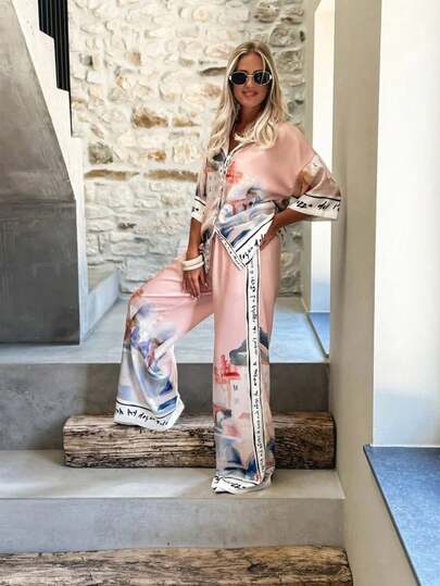 2pcs Set: City Print Shirt With Decorative Trim & Wide Leg Pants, Fashion Style Pink Summer