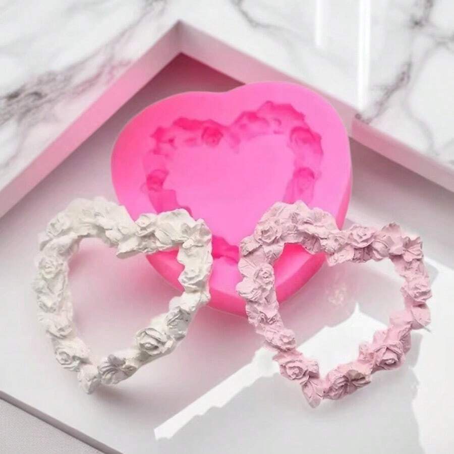 Rose Heart Wreath Silicone Mold, DIY Heart-Shaped Floral Border Handmade Resin Pendant Mold, Durable Reusable Mold - Pink - View 1