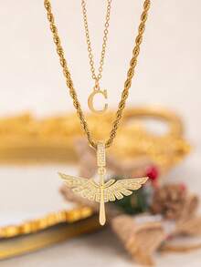 2pcs/Set New Fashion Cross Wing Pendant & 26 Letter Pendant Necklace, Stainless Steel Chain Suitable For Women's Daily, Party, Vacation Wear - Yellow Gold - View 13