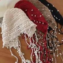 1pc Thick Handmade Crochet Hollow Out Beanie Hat, Warm Knitted Tasseled Cap, Fashion Accessory Women, Suitable Winter, Boho, 4th Of July, Mother-Daughter Outfit, Halloween, Vacation - 彩色 - 查看 2