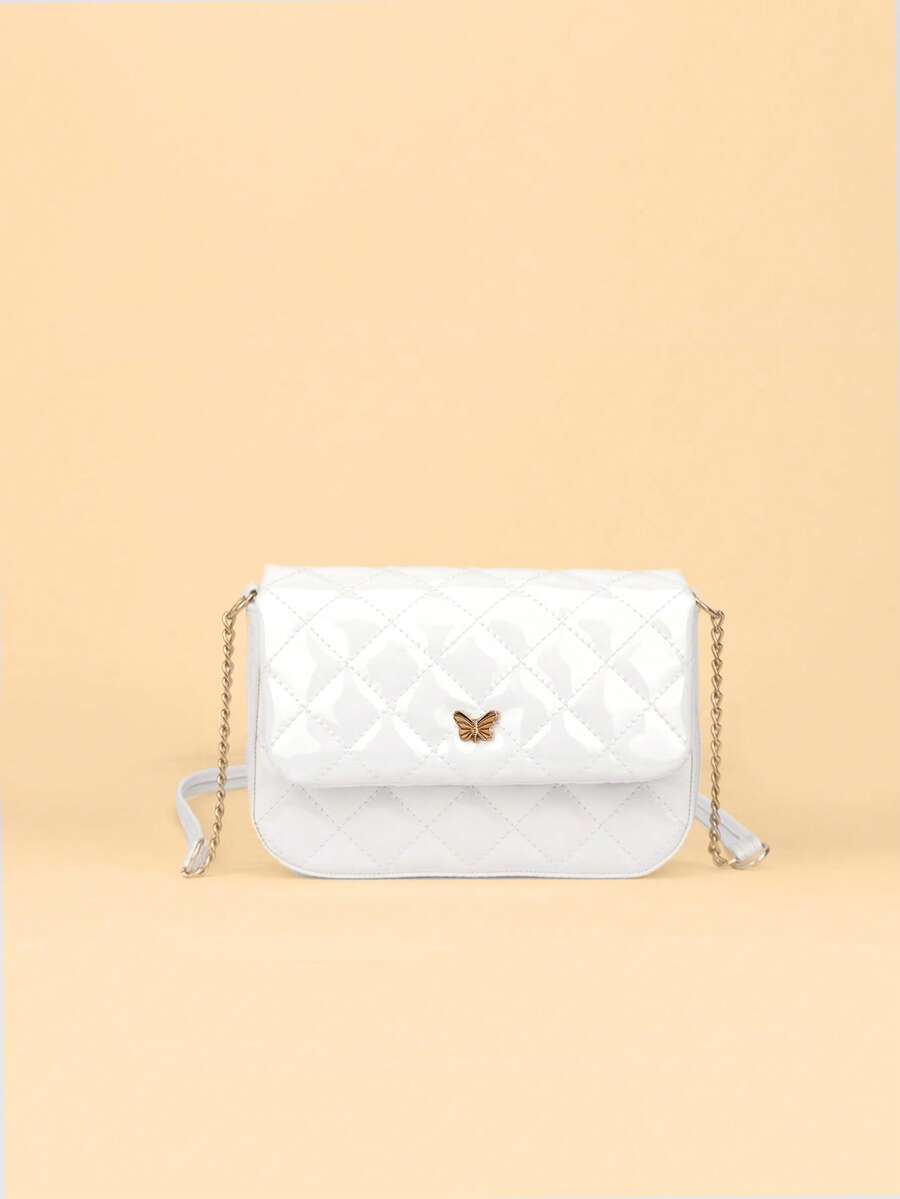 1pc Girls' Iridescent Glitter Quilted Plaid Chain Flap Crossbody Bag, Fashionable & Sweet For Daily Use