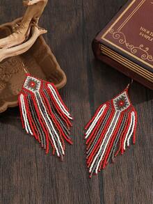 SOUL BEADING 1 par de pendientes de mujer de moda con cuentas, estilo bohemio, estilo vacacional, color rojo y blanco, patrón de celosía de diamante geométrico, colgante con borla larga, pendientes hechos a mano, pendientes con borla, pendientes rojos, pendientes de mujer, adecuados para uso diario, vacaciones, fiestas y festivales, regalo versátil - Rojo - Ver 5