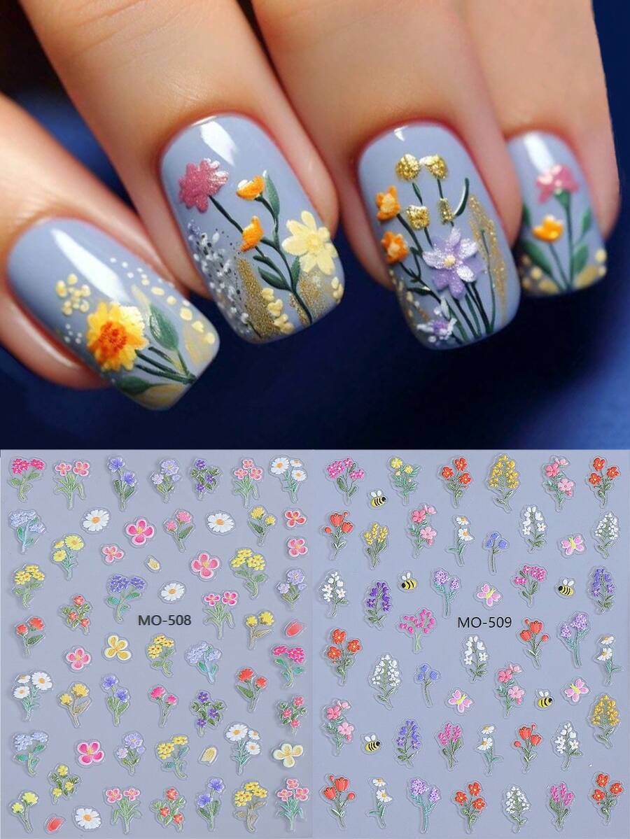 Bộ 2 miếng dán móng tay hình hoa, ong, lá nhiều màu sắc mùa xuân, decal móng tay tự làm nhiều màu dễ thương, trang trí móng tay theo chủ đề hoa cho nữ, màu hồng, tím, trắng. - Nhiều màu - Xem 1