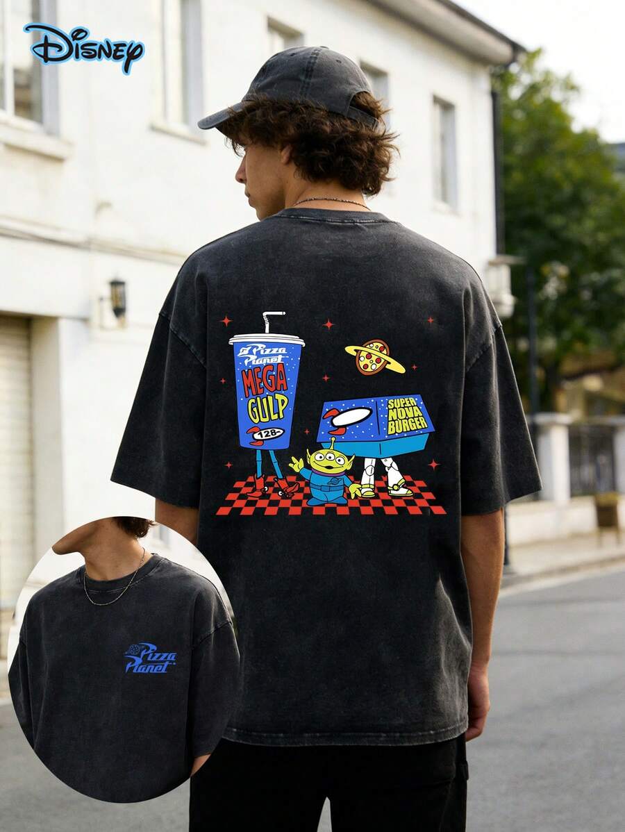 Pizza Planet Themed T-Shirt, Disney Pizza Planet Toy Story Double-Sided Washed Cotton T-Shirt, Disney Toy Story Alien T-Shirt, Pizza Planet T-Shirt, Retro Pizza Planet T-Shirt, Disney Fun Pizza Shirt, Mens Clothes,Summer Outfits, Men's And Women's Same T-Shirt, Suitable For Street Retro, Daily Wear, And Holiday Clothing - Black - View 1