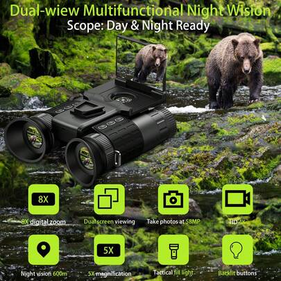 Adult Dual-Screen Night Vision Headset, Supports 4K Video Recording, 48MP Photography, 8X Zoom, With 3500mAh Rechargeable Battery, Dual Screens More Suitable For Animal Observation And Photography