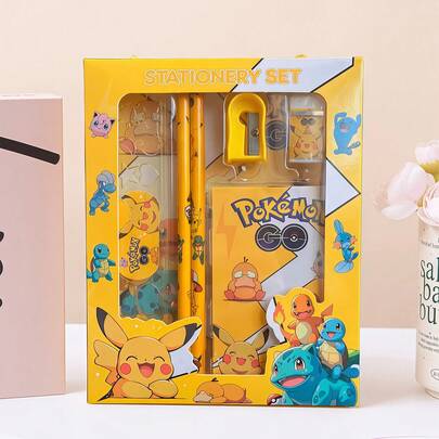 pokemon Set de artículos de papelería con estilo de dibujos animados de Pokémon, (6 piezas/8 piezas/12 piezas/14 piezas) que incluye lápiz, cuaderno, sacapuntas, estuche, regla, goma de borrar y lápices de colores, Pokémon