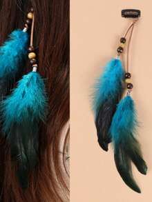 波西米亚风羽毛流苏发夹 - 复古金属发夹，饰以彩色羽毛，适合海滩度假和异域风情装扮，夏季沙滩配饰发带 - 水鴨藍 - 查看 13
