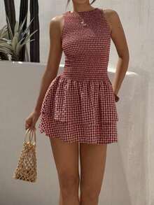 Women Short Dresses Plaid Sleeveless Slim-Fit Belted Mini Dress, Sweet French Style For Summer Vacation - Nhiều màu 4 - Xem 3