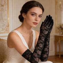 Elegant Printed Lace Trim Mid Length Gloves, Thin Breathable Summer Formal Gloves, Sun Protection Arm Sleeves For Bride Wedding Vacation Daily Driving - 22cm Black - View 6