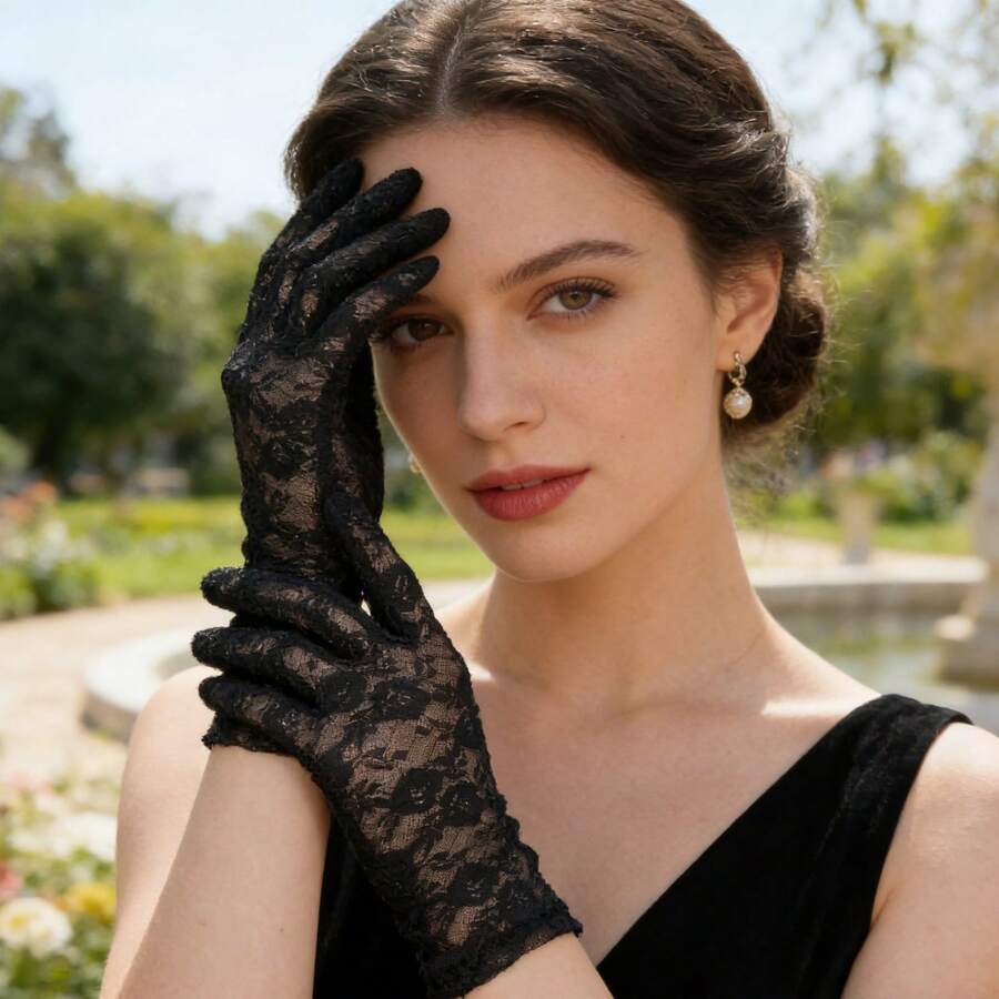 Elegant Printed Lace Trim Mid Length Gloves, Thin Breathable Summer Formal Gloves, Sun Protection Arm Sleeves For Bride Wedding Vacation Daily Driving - 22cm Black - View 1