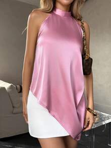 HUACAITA Vacation C-Position Satin Halter Backless Tie Bow Asymmetrical Hem Sweet & Spicy Cropped Top, Pink Purple - Pink Purple - View 7