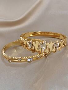 18K Gold Plated Stainless Steel Vintage Romantic Heart-Shaped Diamond Bangle Bracelet Set For Women Ladies, Summer Bohemia Beach Stainless Steel Jewelry, Vacation Season, Gifts For Mom, For Daily Party Dates Gala Wedding Valentine Anniversary Music Festival Christmas, Dates, Easter Day - Multicolor - View 7