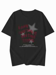 日系女式宽松圆领休闲百搭字母星形印花短袖T恤，春夏黑色 - 黑色 - 查看 3