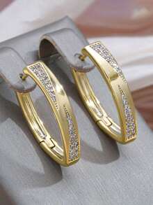 1对金色微镶嵌圈形耳环，女士简约闪亮子弹形耳钉，日常时尚首饰礼品，铜材质，不褪色且低过敏性 - 金色 - 查看 1