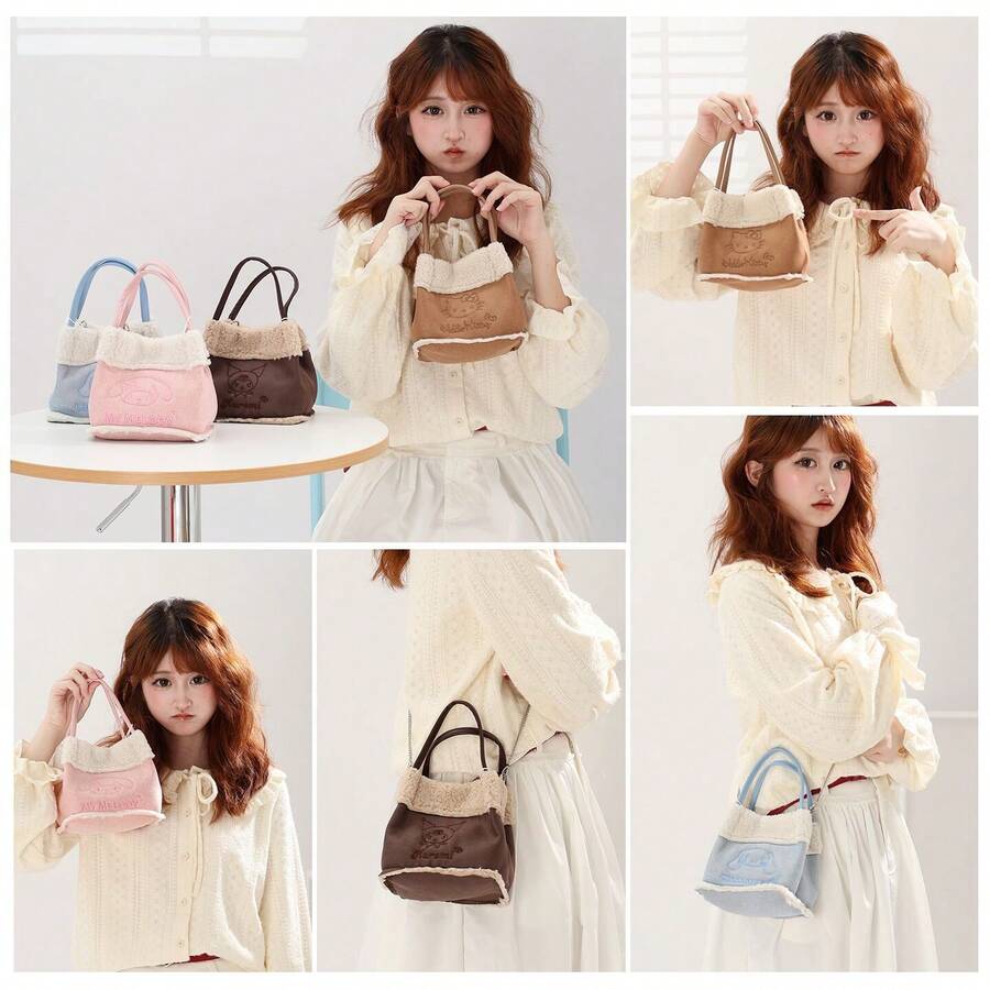 SANRIO Túi xách nữ Hello Kitty bằng da lộn, kiểu dáng retro, chất liệu nhung mềm mại, túi đeo vai chéo Hello Kitty Niche. - Nhiều màu - Xem 1