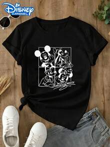 This Disney Women's T-Shirt Features A Mickey Mouse Line Art Theme, A Minimalist Black And White Design, And A Casual, Versatile Style. Perfect For Occasions Like Visiting Disneyland Or Going On Vacation. Made From Soft, Comfortable, And Durable Fabric, This Spring/Summer Women's Crew Neck T-Shirt Is Ideal For Everyday Wear-Shopping, Parties, Travel, Or Gatherings. It Also Makes A Thoughtful Gift. - Black - View 1
