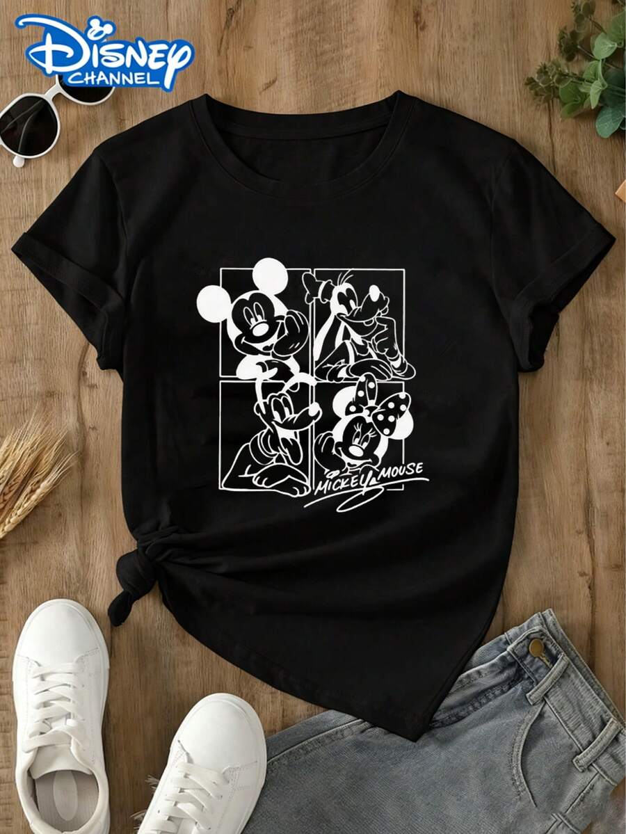 This Disney Women's T-Shirt Features A Mickey Mouse Line Art Theme, A Minimalist Black And White Design, And A Casual, Versatile Style. Perfect For Occasions Like Visiting Disneyland Or Going On Vacation. Made From Soft, Comfortable, And Durable Fabric, This Spring/Summer Women's Crew Neck T-Shirt Is Ideal For Everyday Wear-Shopping, Parties, Travel, Or Gatherings. It Also Makes A Thoughtful Gift. - Black - View 1