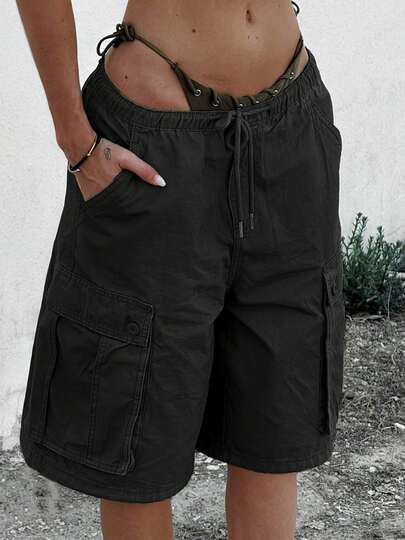 Cargo Shorts For Women Elastic Waist Knee Length  Shorts Summer Outdoor Waterproof Hiking Pants With Pockets