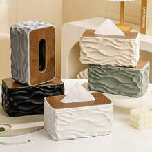10.3 X 7.3 X 5.1 Inches Creative Wave Design Rectangular Tissue Box, Tissue Dispenser, Wooden Grain Tissue Box Cover Glove Box Holder, Suitable For Bathroom, Vanity, Desk, Bedside Table And Other Scenes - Multicolor - View 2
