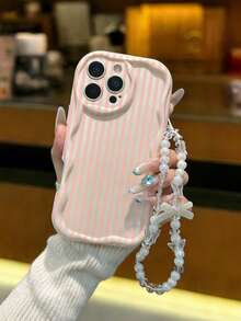 Striped Cream Wavy Edge Fashionable Bracelet Included Thick Shockproof Phone Protective Case Suitable For IPhone 17/17 Pro, 15 Pro Max, 16/16 Pro/16 Pro Max, 16 Plus, 15 XR/7/8, 15 Pro Max, 12/13/14 Pro Max, Phones - Multicolor - View 2