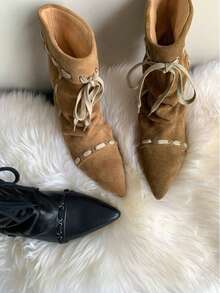 2026新款褶皱尖头平底系带踝靴，复古小众夏季牛仔靴 - 卡其色 - 查看 6